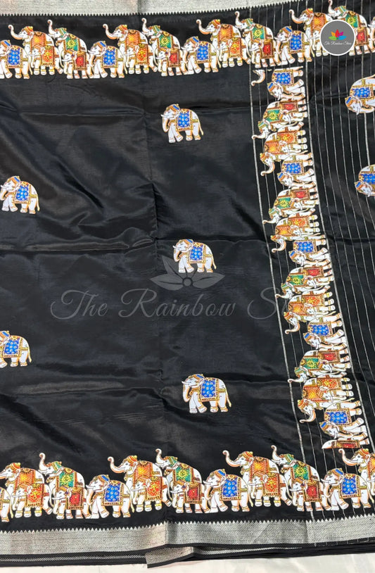 Pure Mangalagiri Pattu  with Tanjore Paints - Black