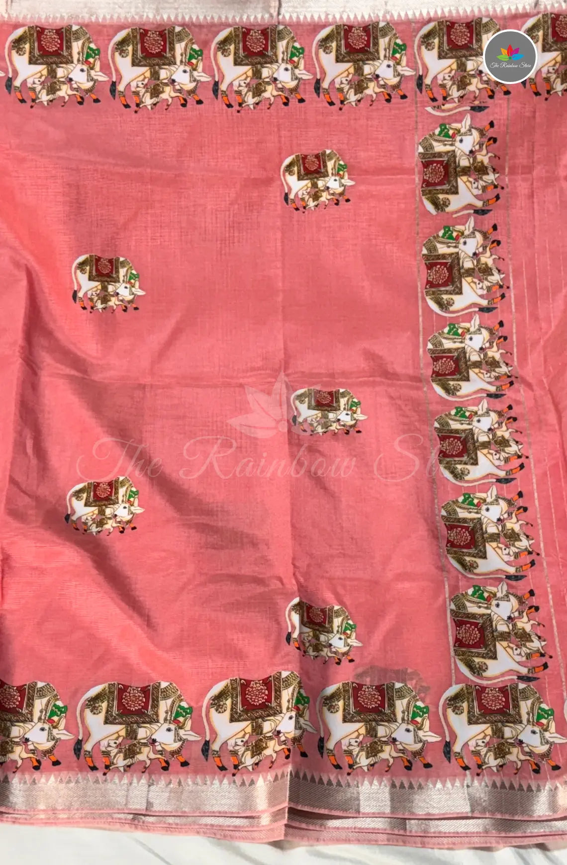 Pure Mangalagiri Pattu  with Tanjore Paints - Peach Pink