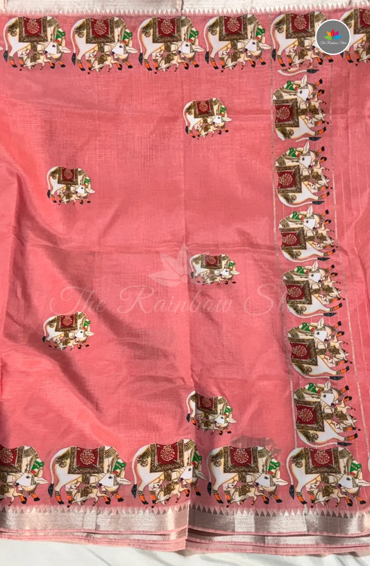 Pure Mangalagiri Pattu  with Tanjore Paints - Peach Pink