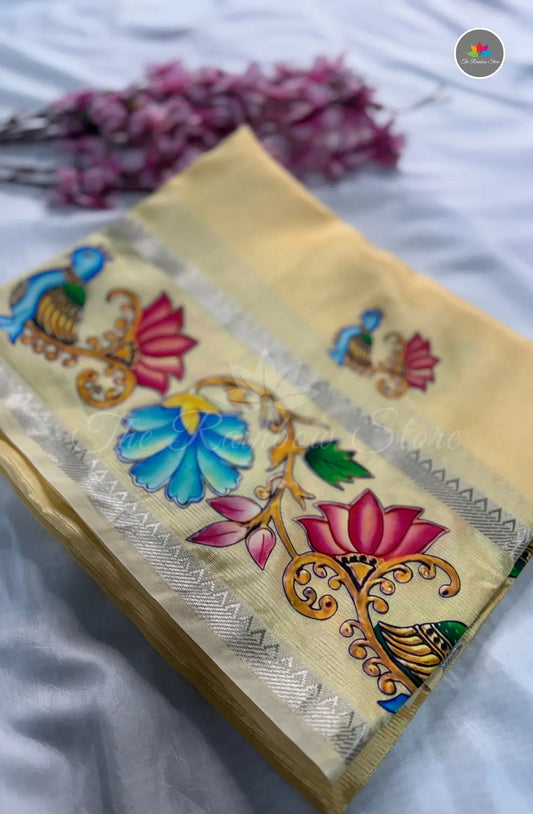 Pure Mangalagiri Pattu  with Tanjore Paints - Beige