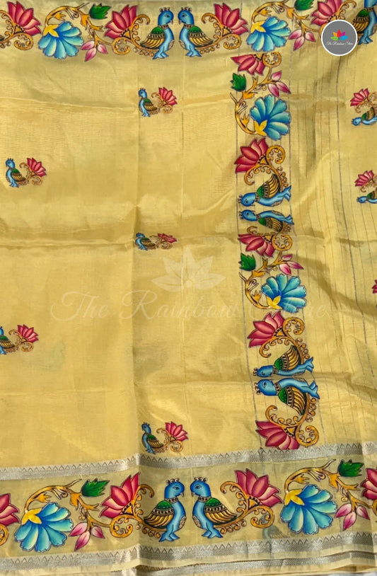 Pure Mangalagiri Pattu  with Tanjore Paints - Beige