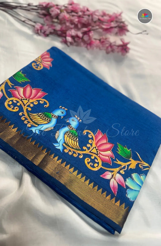 Pure Mangalagiri Pattu  with Tanjore Paints - Blue
