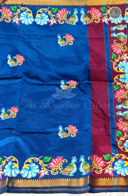 Pure Mangalagiri Pattu  with Tanjore Paints - Blue