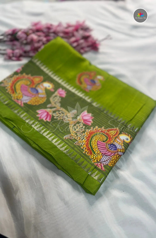Pure Mangalagiri Pattu  with Tanjore Paints - Grass Green