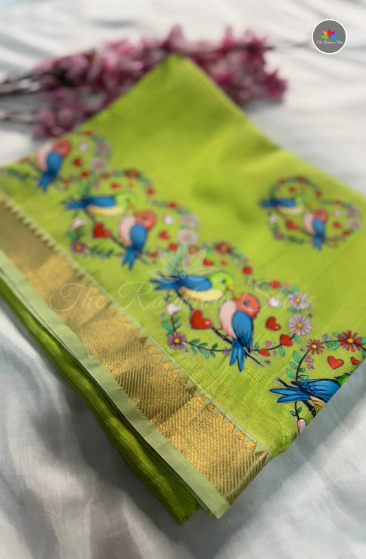 Pure Mangalagiri Pattu  with Tanjore Paints - Light Green