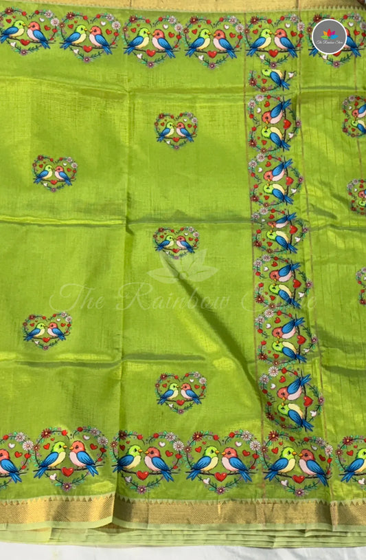 Pure Mangalagiri Pattu  with Tanjore Paints - Light Green