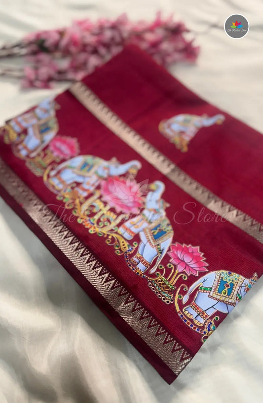 Pure Mangalagiri Pattu  with Tanjore Paints - Maroon