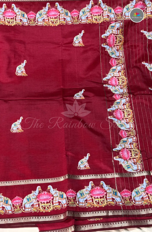 Pure Mangalagiri Pattu  with Tanjore Paints - Maroon