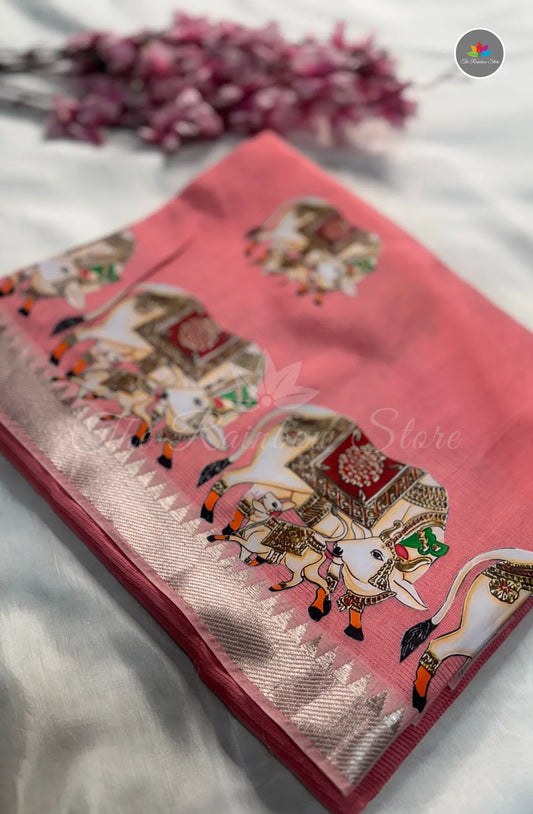 Pure Mangalagiri Pattu  with Tanjore Paints - Peach Pink
