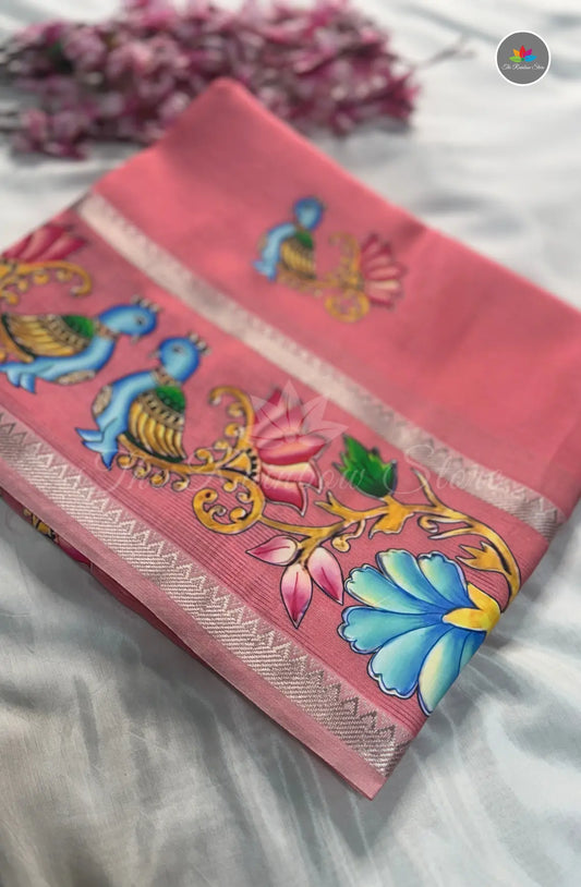 Pure Mangalagiri Pattu  with Tanjore Paints - Pink