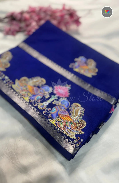Pure Mangalagiri Pattu  with Tanjore Paints - Royal Blue