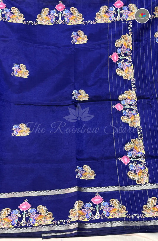 Pure Mangalagiri Pattu  with Tanjore Paints - Royal Blue