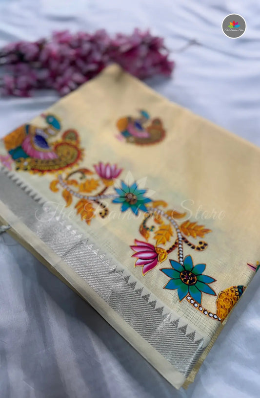 Pure Mangalagiri Pattu  with Tanjore Paints - Sandal