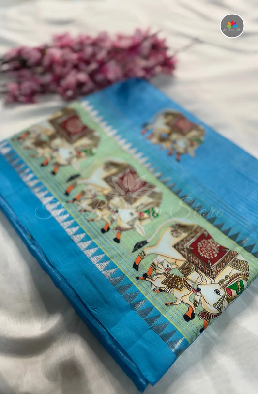Pure Mangalagiri Pattu  with Tanjore Paints - Sky Blue