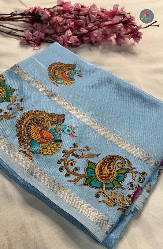 Pure Mangalagiri Pattu  with Tanjore Paints - Sky Blue