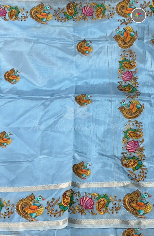 Pure Mangalagiri Pattu  with Tanjore Paints - Sky Blue