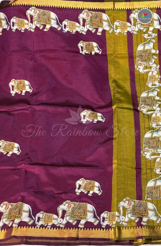 Pure Mangalagiri Pattu  with Tanjore Paints - Wine