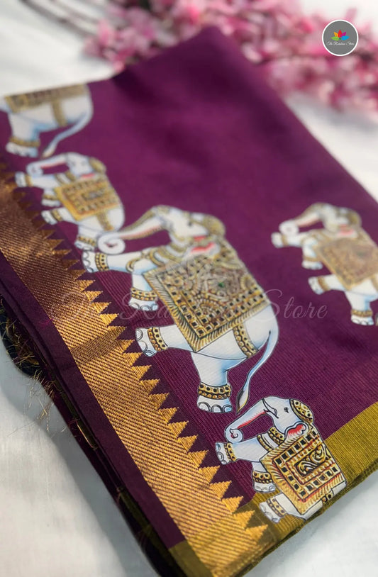 Pure Mangalagiri Pattu  with Tanjore Paints - Wine