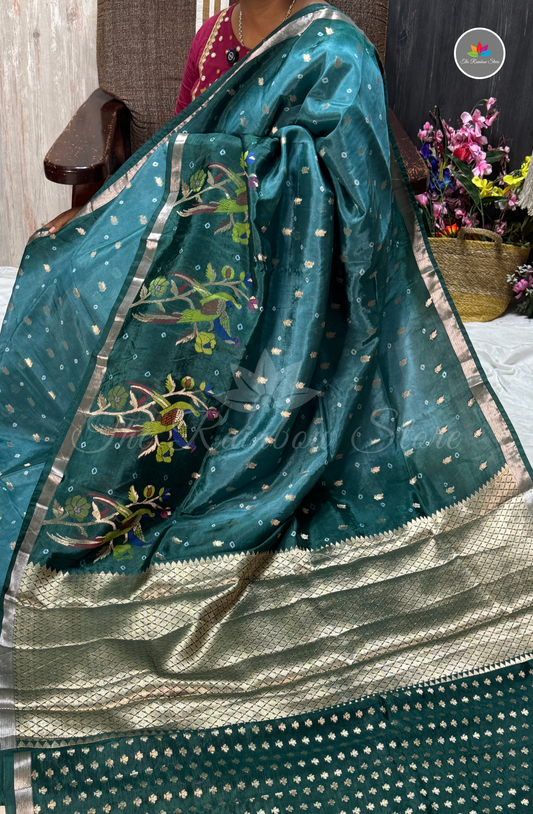 Dual-Tone Paper Silk Saree - Teal Blue & Deep Emerald Green