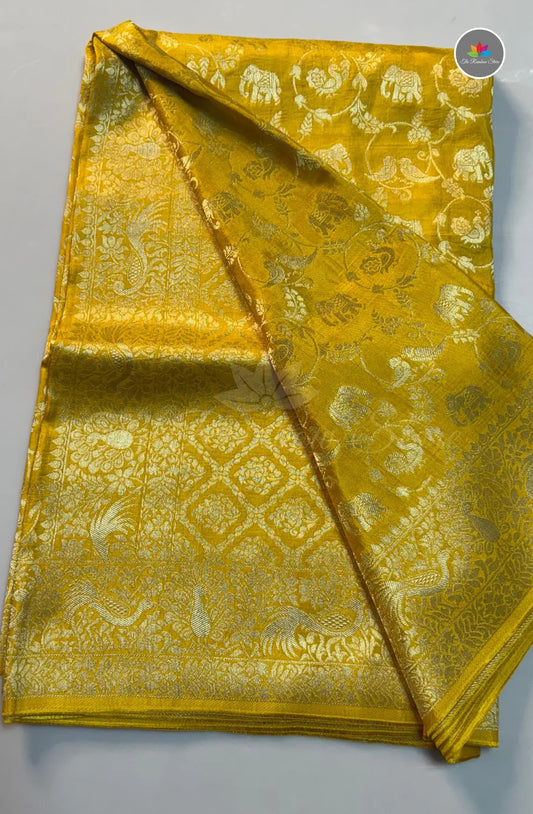 Traditional Elephant Zari Motif Saree - Yellow