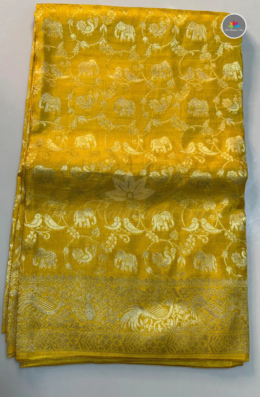 Traditional Elephant Zari Motif Saree - Yellow
