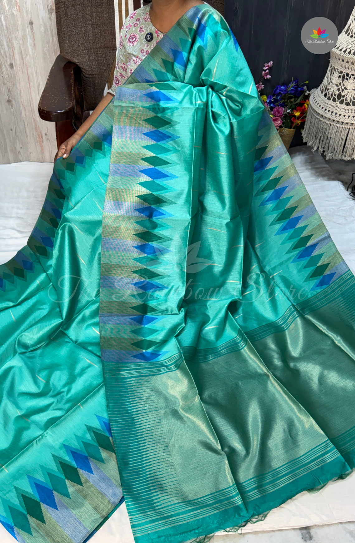 Ikkat Tusser Silk With Jamdani Weaves - Turquoise