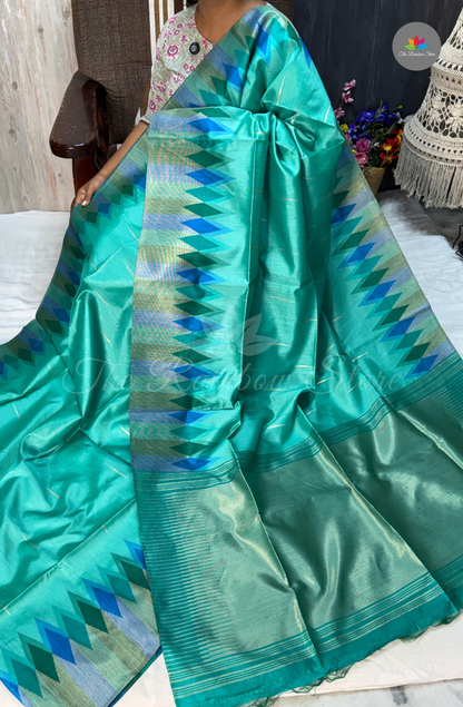 Ikkat Tusser Silk With Jamdani Weaves - Turquoise