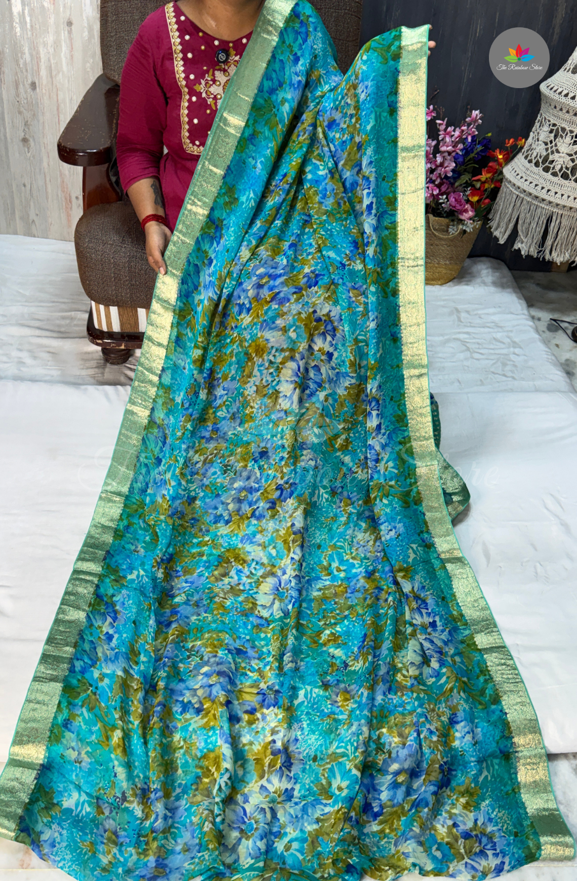 Pure Chiffon Saree- Turquoise Blue
