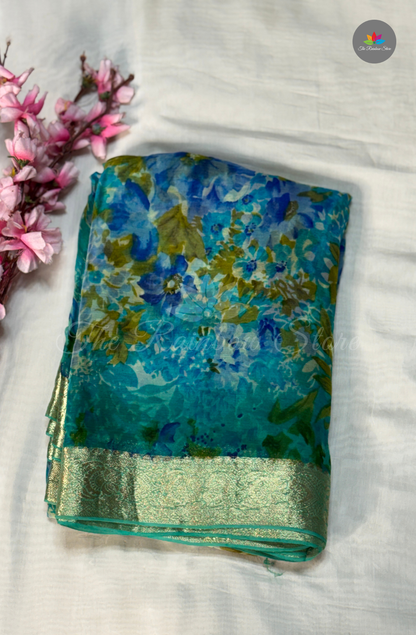 Pure Chiffon Saree- Turquoise Blue