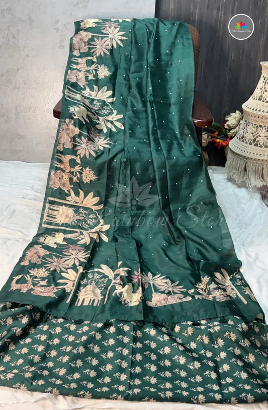 Premium Tussar Silk Saree - Dark Green