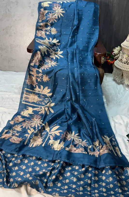 Premium Tussar Silk Saree - Teal Blue