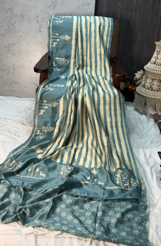 Premium Tussar Silk Saree - Sky Blue