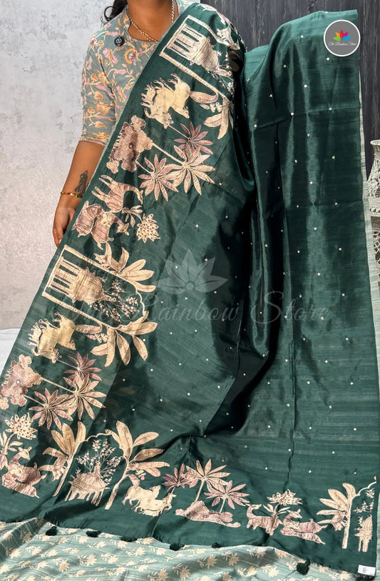 Premium Tussar Silk Saree - Dark Green