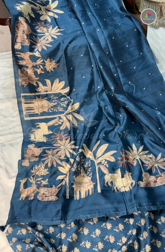 Premium Tussar Silk Saree - Teal Blue