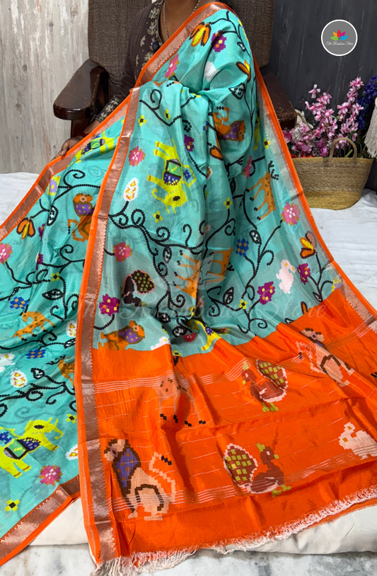 Designer Mangalagiri Saree - Aqua Blue & Bright Orange