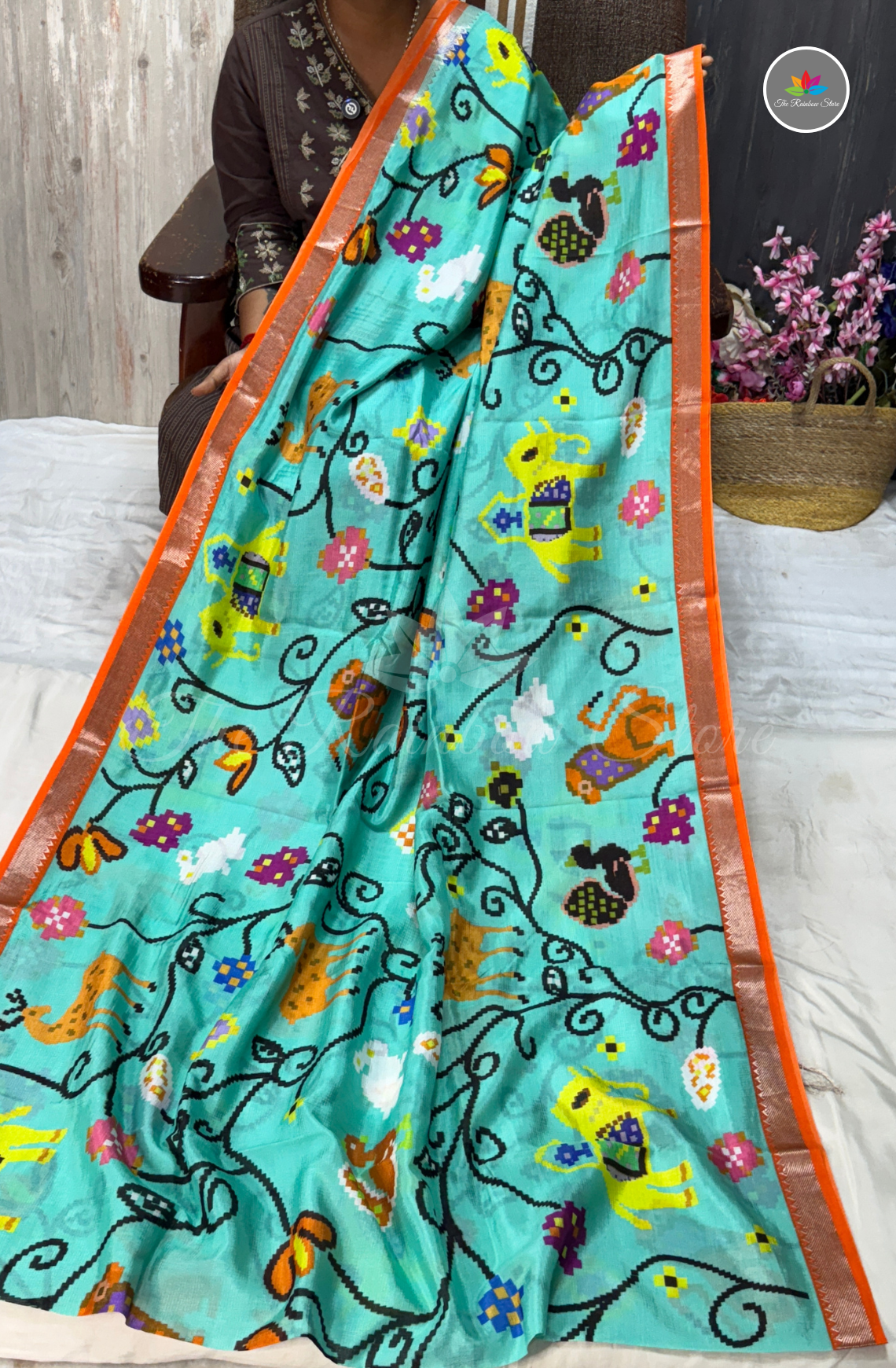 Designer Mangalagiri Saree - Aqua Blue & Bright Orange