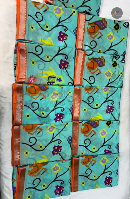 Designer Mangalagiri Saree - Aqua Blue & Bright Orange