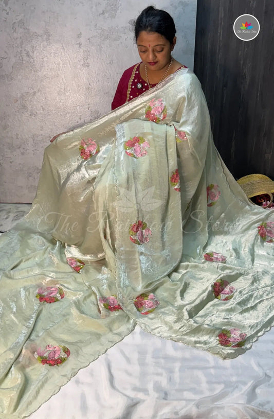 Velvet Georgette Saree with Soft & Lighten - Silver Green