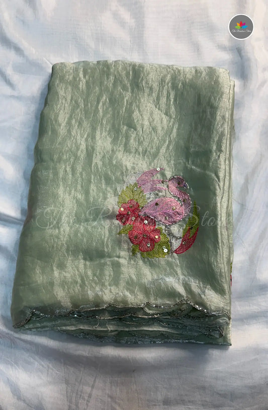 Velvet Georgette Saree with Soft & Lighten - Silver Green