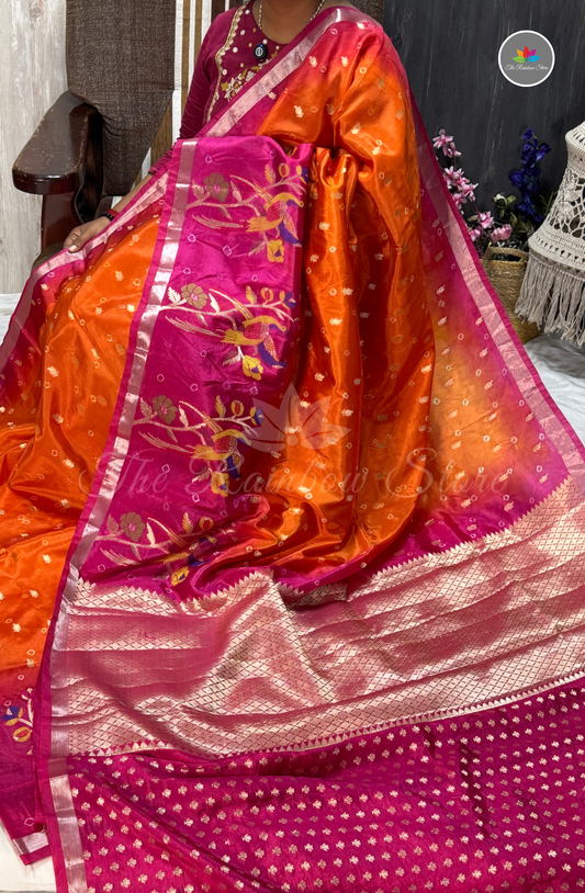 Dual-Tone Paper Silk Saree - Vibrant Orange & Rani Pink