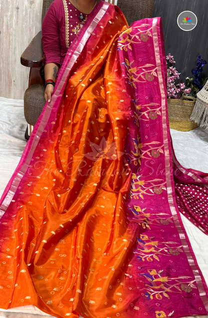 Dual-Tone Paper Silk Saree - Vibrant Orange & Rani Pink