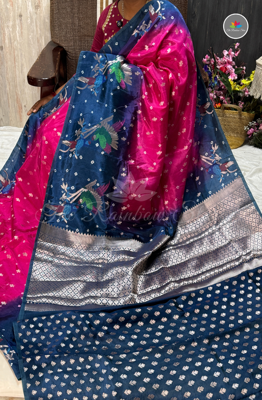 Dual-Tone Paper Silk Saree - Vibrant Pink & Navy Blue