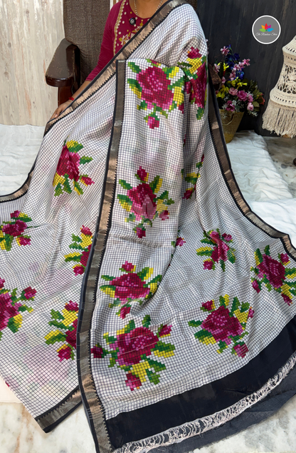 Mangalagiri Pattu Saree - White base with Black checks