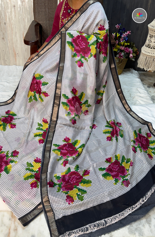Mangalagiri Pattu Saree - White base with Black checks