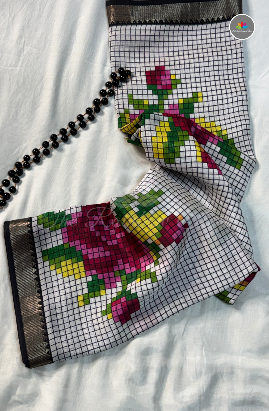 Mangalagiri Pattu Saree - White base with Black checks