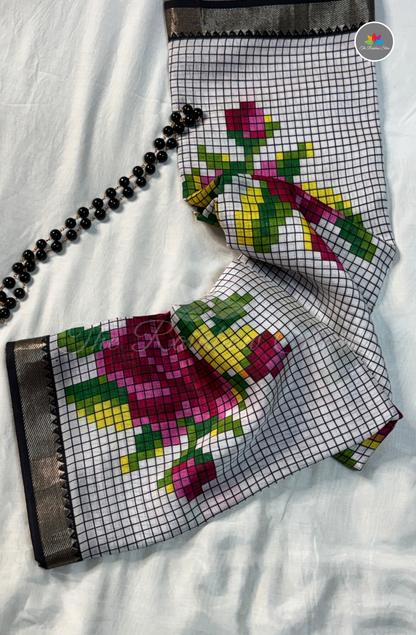 Mangalagiri Pattu Saree - White base with Black checks