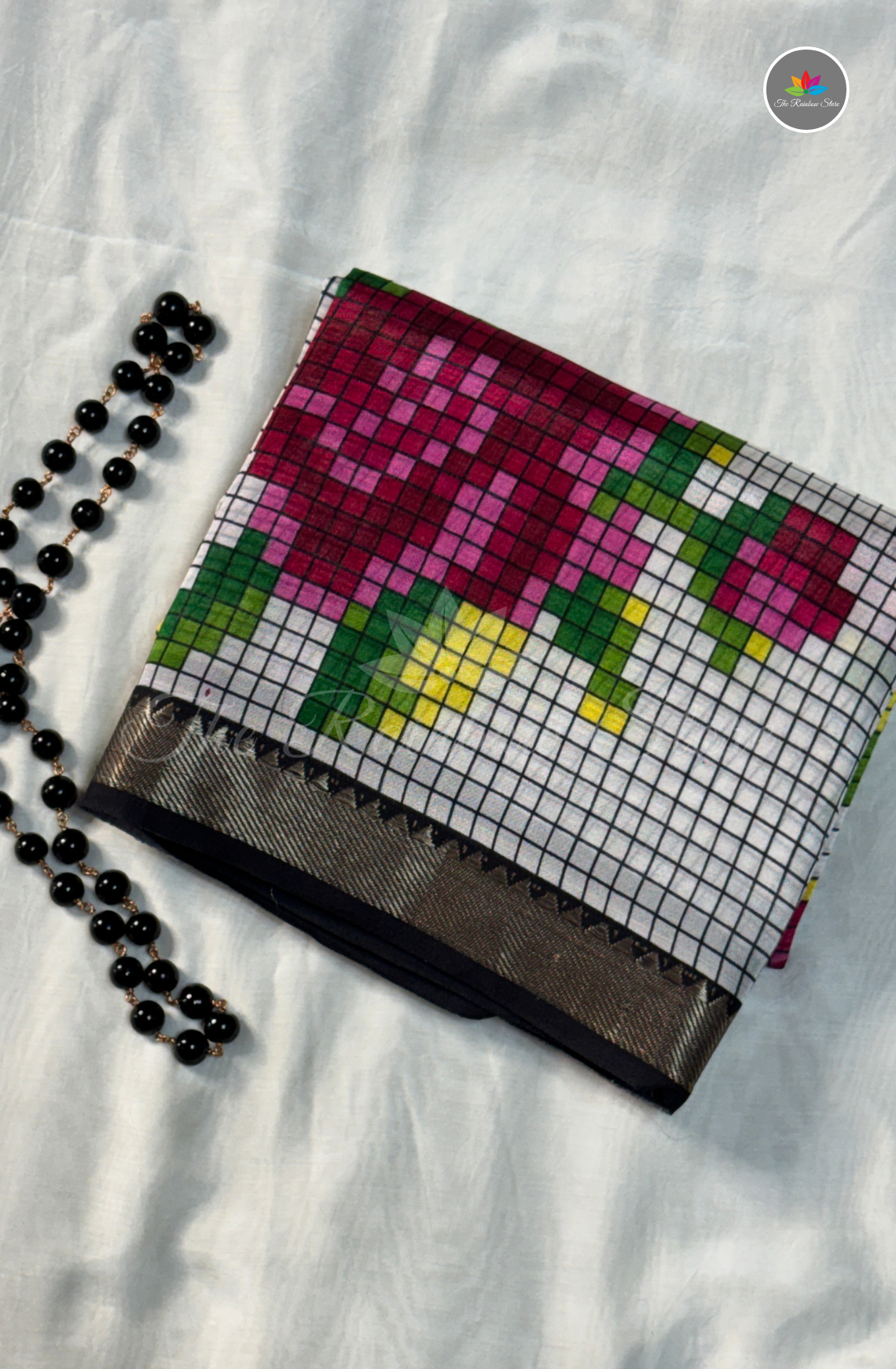 Mangalagiri Pattu Saree - White base with Black checks