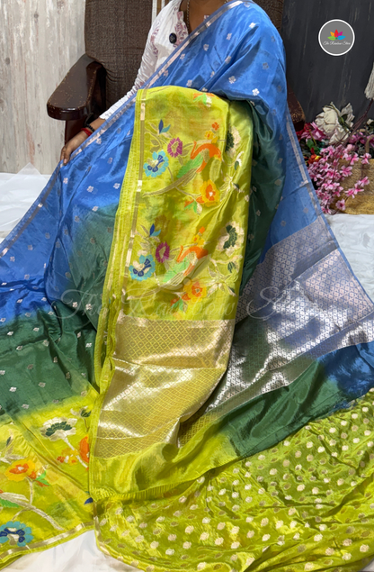 Dual-Tone Paper Silk Saree - Blue & Green
