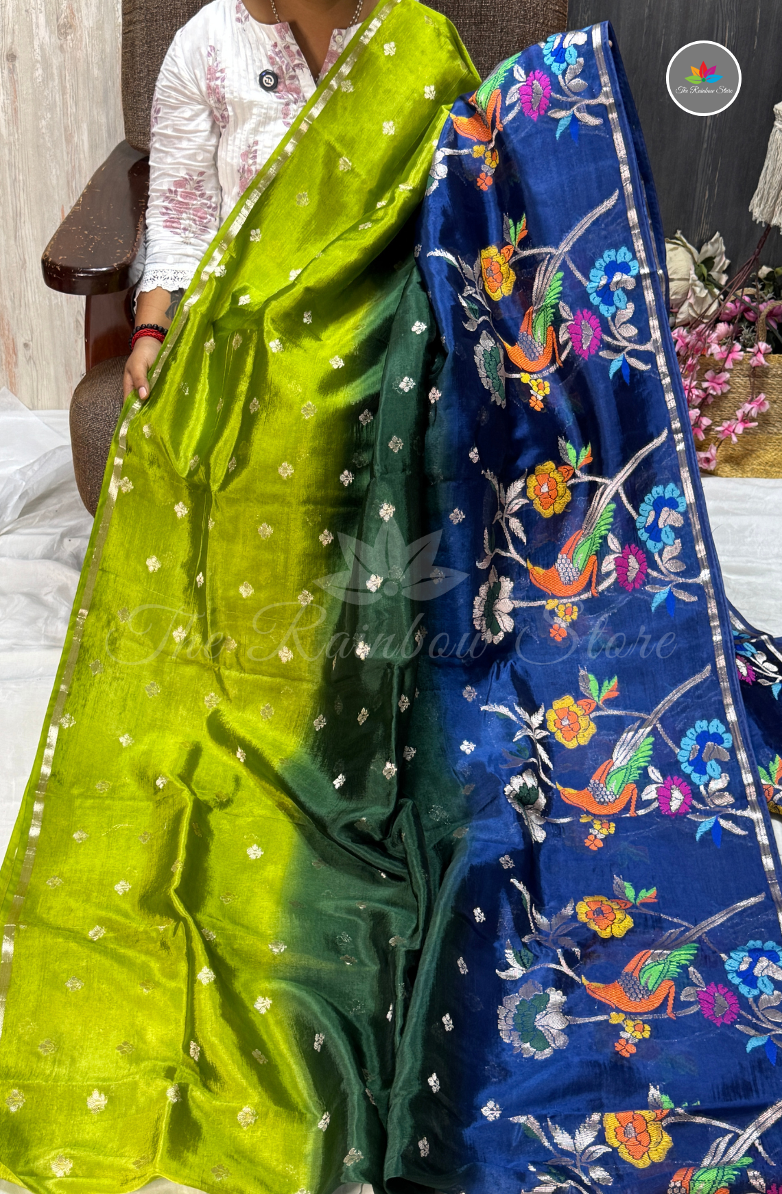 Dual-Tone Paper Silk Saree -  Green & Blue