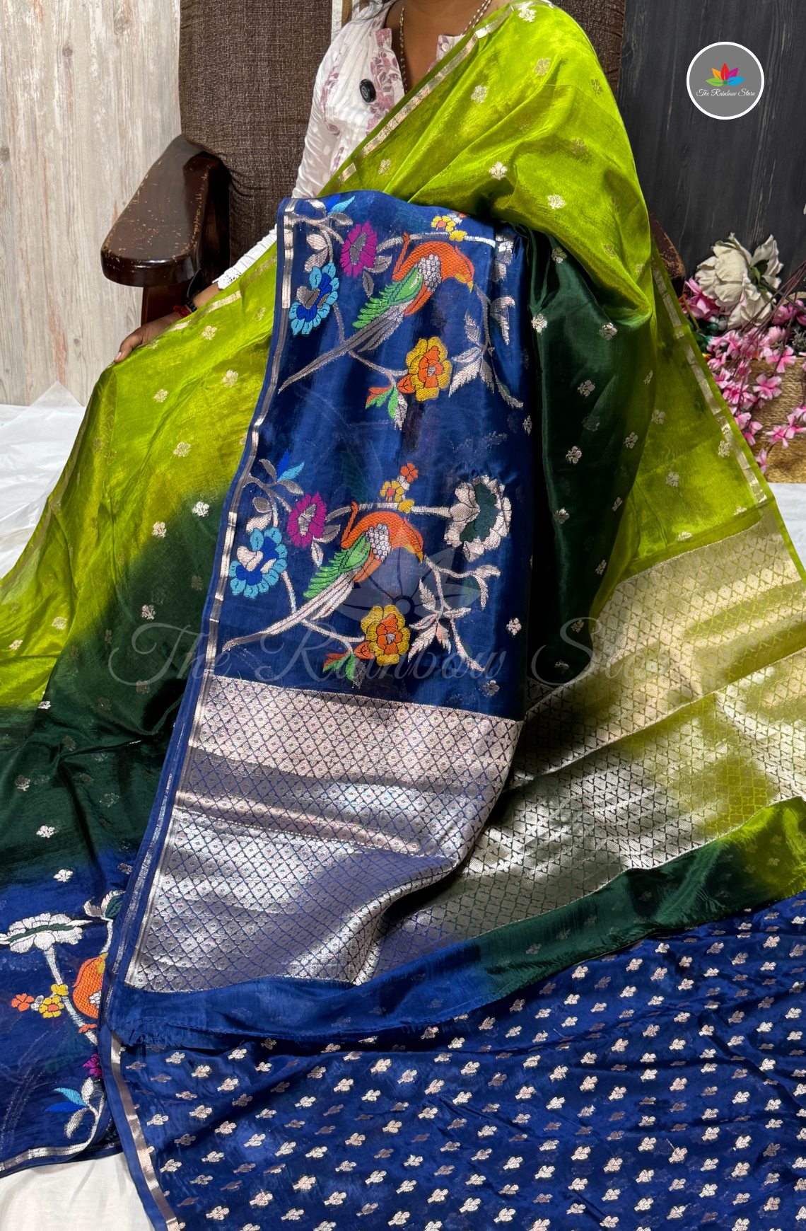 Dual-Tone Paper Silk Saree -  Green & Blue